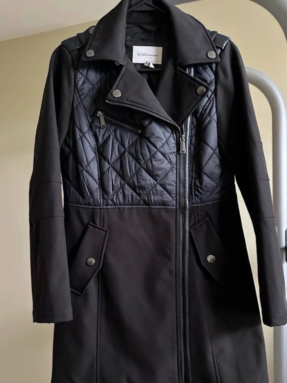 BCBGeneration Black Quilted-Panel Moto Trench Coat